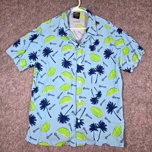 Mens Corona Beer Shirt Hawaiian Button Camp Lime Blue Tropical Palm Tree Medium